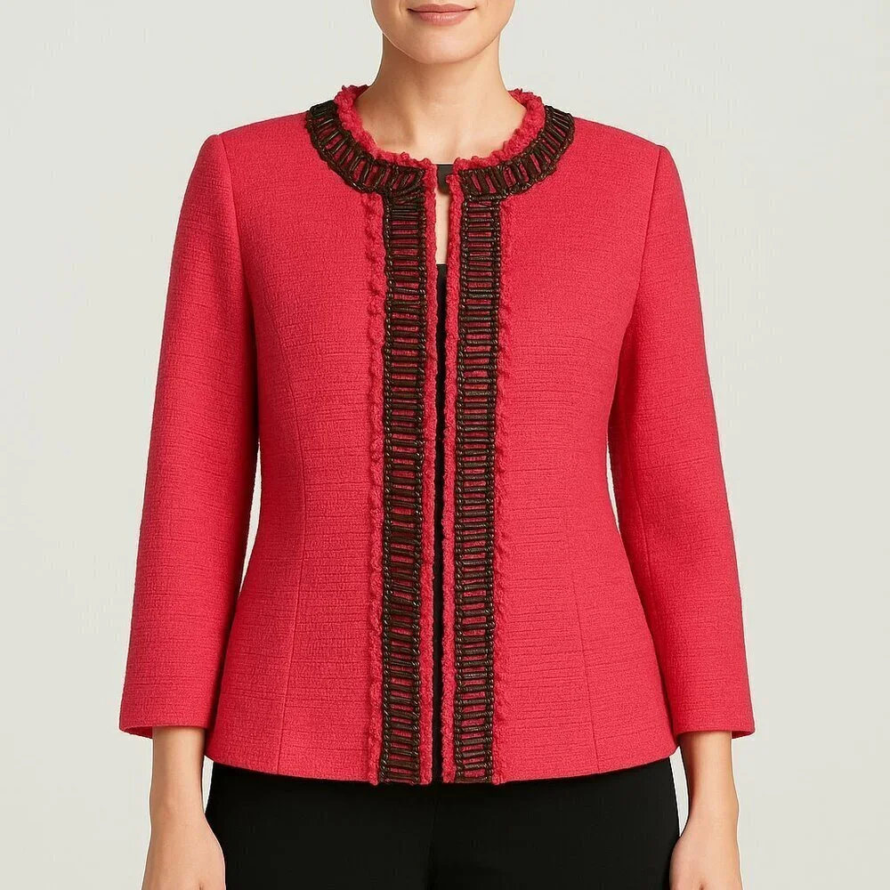 Boston Proper Coral Tweed Blazer Size 10 Chain Trim Embellished Cotton Jacket